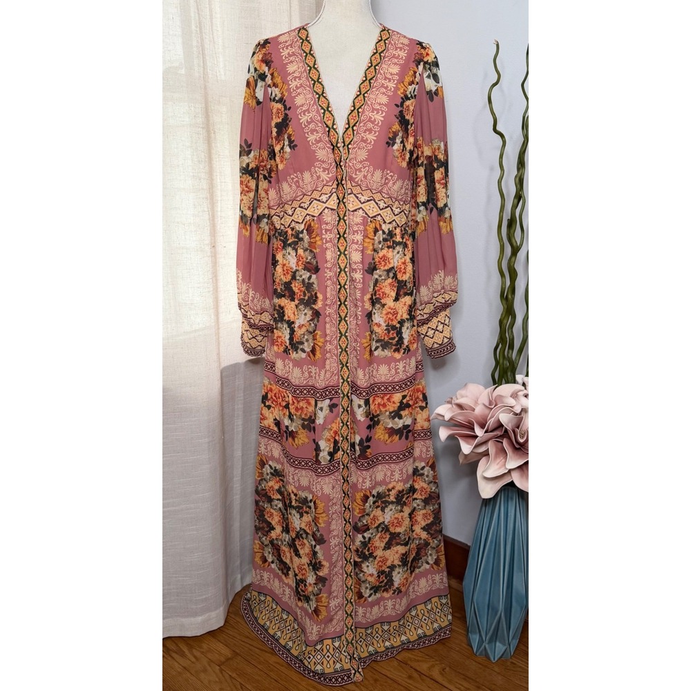 Vineet Bahl Anthropologie Embroidered Long Sleeve Dress Floral Maxi Womens Large